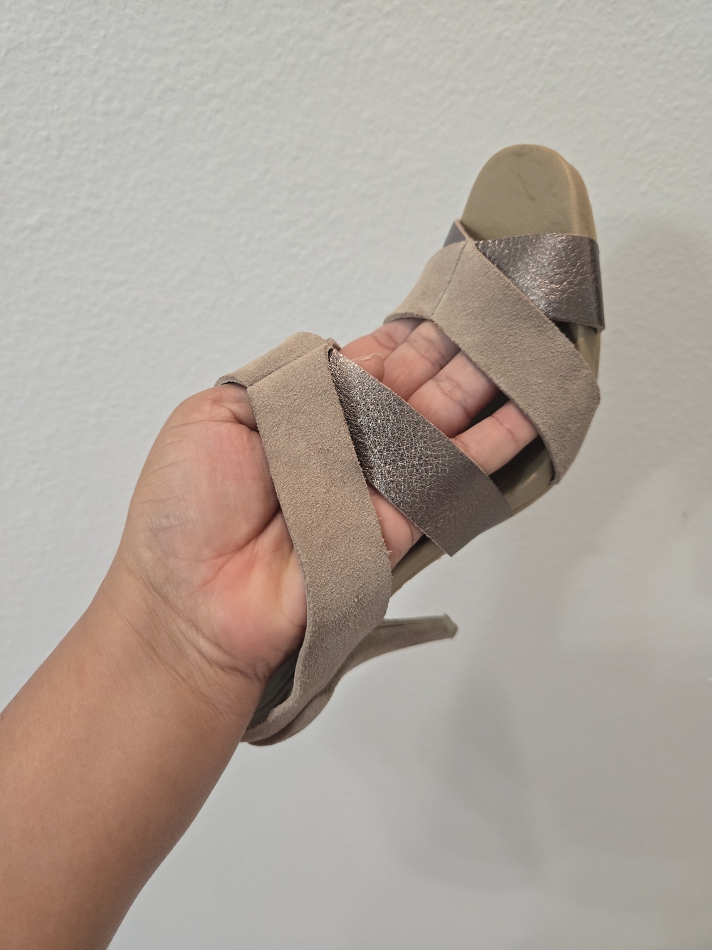 The Pedro Garcia Taupe Metallic Suede Strappy Open Toe Slip-On Stiletto Heels